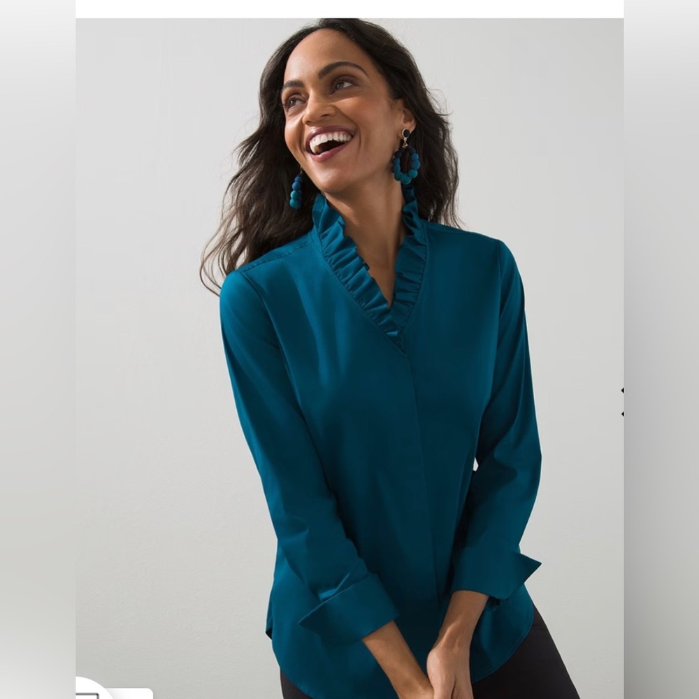Poplin rifle neck tunic, teal size 2 or lrg.